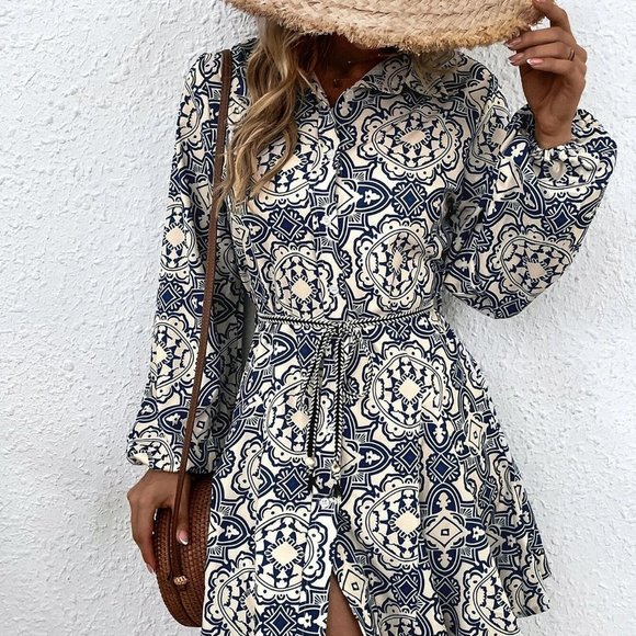 Boho Random Allover Print Belted Shirt Dress - Picture 5 of 5
